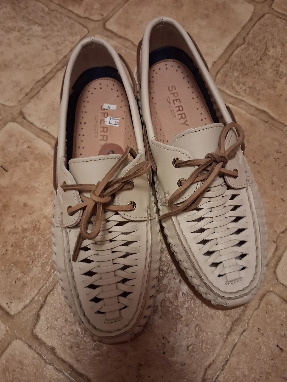 Sperry Cream Woven Leather Flats with Tan Laces